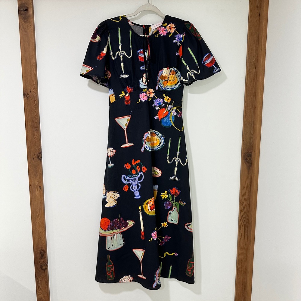 Lisa Says Gah Grace Dinner Party Midi Dress XS Black Food Print Cotton NWT
